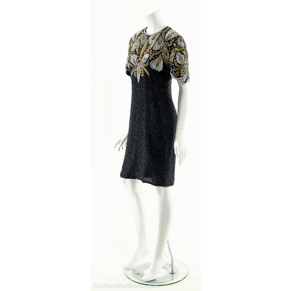 Beaded Silk Dress,Sequin Silk Dress,Heavily Beaded Black Dress,Ornate Baroque Dr - Picture 8 of 10